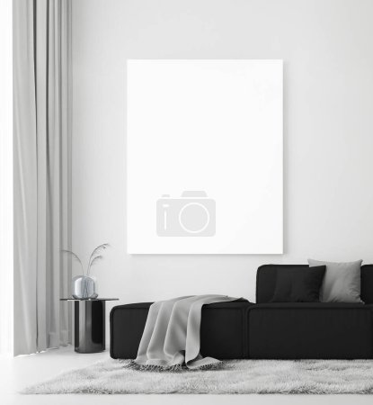 Modernes Luxus-Interieur des Wohnzimmers mit gemütlichem schwarzen Sofa-Set und Spiegel und leeren weißen Wandhintergrund. 3D-Darstellung.