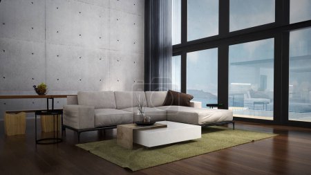 Photo for Modern interior of living room with cozy sofa set and empty concrete wall background and sea view. 3d rendering. - Royalty Free Image