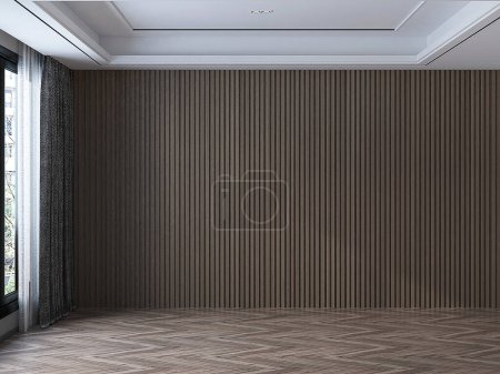 Téléchargez les photos : Intérieur de luxe moderne de salon et fond de mur en bois vide. Rendu 3d. - en image libre de droit