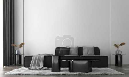 Téléchargez les photos : Intérieur de luxe moderne du salon avec canapé noir confortable et fond blanc vide. Rendu 3d. - en image libre de droit