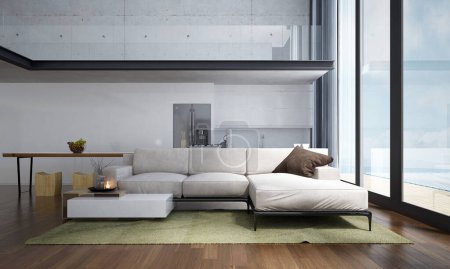 Foto de El diseño interior y la moderna sala de estar de lujo y el fondo de pared de hormigón vacío y suelo de madera. renderizado 3d. - Imagen libre de derechos