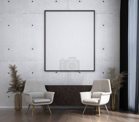 Photo for The interior design and modern living room and canvas frame on concrete wall background and wooden floor. 3d rendering. - Royalty Free Image