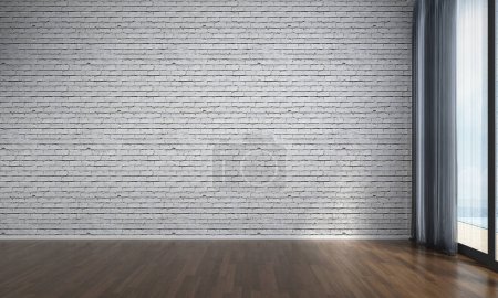 Foto de El diseño interior y sala de estar moderna y fondo de pared de ladrillo blanco y suelo de madera. renderizado 3d. - Imagen libre de derechos