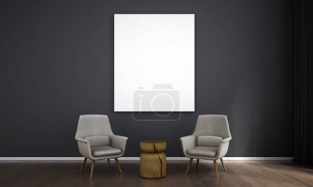 Foto de El diseño interior y el marco minimalista de la sala de estar y la lona sobre fondo de pared negro y suelo de madera. renderizado 3d. - Imagen libre de derechos