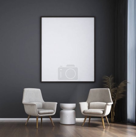 Foto de El diseño interior y la moderna sala de estar y el marco de lona sobre fondo de pared negro y suelo de madera. renderizado 3d. - Imagen libre de derechos