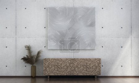 Foto de El concepto de diseño interior moderno de la sala de estar y el arte abstacto blanco sobre fondo de pared patrón de hormigón. renderizado 3d. - Imagen libre de derechos