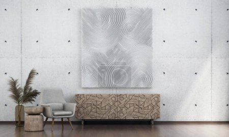 Foto de El concepto de diseño interior moderno de la sala de estar y el arte abstacto blanco sobre fondo de pared patrón de hormigón. renderizado 3d. - Imagen libre de derechos
