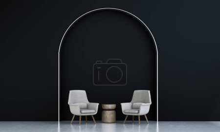 Téléchargez les photos : Le concept de design intérieur minimal de salon et d'arc bleu motif mur arrière-plan. Rendu 3d. - en image libre de droit