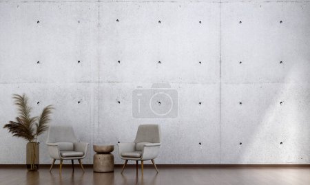 Foto de El concepto de diseño interior minimalista de sala de estar y fondo de pared de patrón de hormigón. renderizado 3d. - Imagen libre de derechos