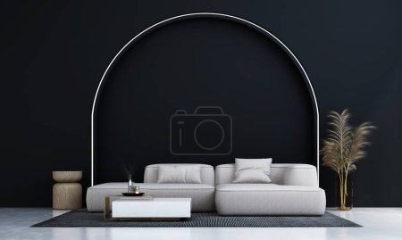 Téléchargez les photos : Intérieur moderne du salon avec un confortable canapé noir et un fond de mur noir voûte vide. Rendu 3d. - en image libre de droit