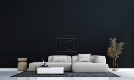 Photo for Modern interior of living room with cozy black sofa set and empty black wall background. 3d rendering. - Royalty Free Image