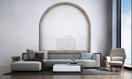 Téléchargez les photos : Le concept moderne et confortable de design intérieur de salon et arc motif et fond de mur en béton - en image libre de droit