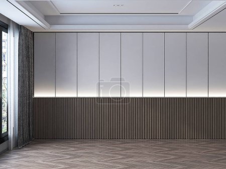 Foto de Moderno diseño interior de la sala de estar vacía y fondo de pared de patrón blanco y madera - Imagen libre de derechos