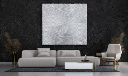 Foto de Diseño interior moderno de la sala de estar y la pared de hormigón negro y marco de imagen abstracta textura fondo y decoración de sofá blanco - Imagen libre de derechos