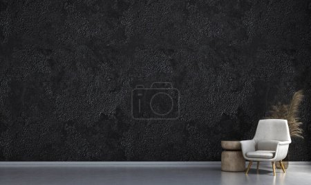 Foto de Diseño interior moderno de sala de estar y textura negra fondo de pared de hormigón y sillón de brazo blanco - Imagen libre de derechos