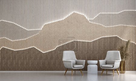 Téléchargez les photos : Design intérieur moderne du salon et confortable fond de mur de motif en bois et fauteuils blancs. - en image libre de droit