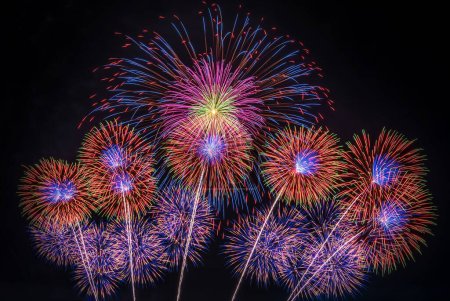 Colorful fireworks are on dark blue background. Concept of aesthetic and entertainment 