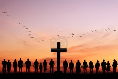 Téléchargez les photos : Grand groupe de personnes se tiennent près de la croix sur fond de coucher de soleil, la résurrection du dimanche de Pâques concept - en image libre de droit
