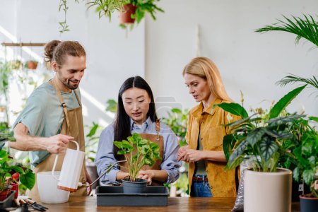 Photo for Busy working day at flower shop. Tree coworkers, asian woman, young man and middle age successful blond female owner together. Male watering plant. The concept of growing plants - Royalty Free Image