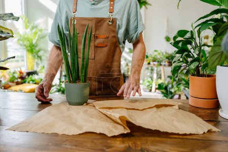 Photo for Handsome Caucasian man wearing apron wrapping a potted plant in paper with care in greenery at floral shop. Enjoying his job at cozy flower shop.. - Royalty Free Image