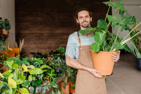 Photo for Portrait of beard man florist gardener holding monstera in big pot in flower shop. Small business entrepreneur. - Royalty Free Image