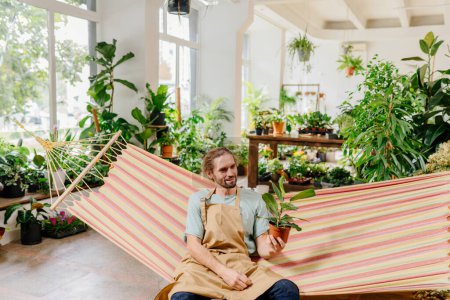 Photo for Handsome male florist relaxing at hammock admire his plants at green interior full of plants, urban jungle, plant store, small business concept. - Royalty Free Image