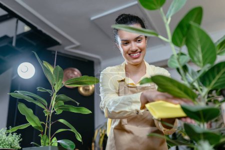 Téléchargez les photos : Vue du bas de heureuse femme afro-américaine portant tablier de travail et se soucier de ficus plante bengale en pot. Loisirs et concept de loisirs. - en image libre de droit