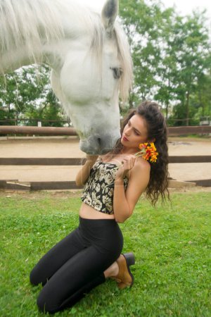 Téléchargez les photos : Documentation photographique qui dépeint une belle fille alors qu'elle caresse un cheval blanc - en image libre de droit
