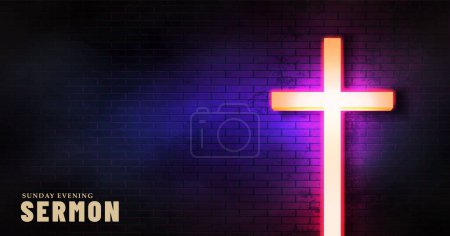 Téléchargez les illustrations : Sermon du dimanche soir bannière cyber web chrétienne. Cyberpunk religieux avec croix néon. - en licence libre de droit