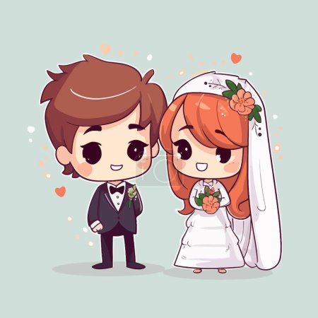 Illustration for Cute kawaii wedding chibi mascot vector cartoon style marriage - Royalty Free Image