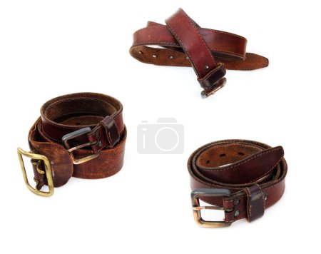 Photo for Old brown leather belt isolated over the white background, set of four different foreshortenings - Royalty Free Image