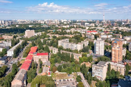 Photo for Aerial photography of residential areas of Kyiv with a view of the TV tower, old and new residential buildings, aerial photography, urban photography. Copy space. - Royalty Free Image