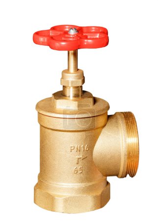Foto de Metal brass valve isolated on a white background, have a classic design with a lever for regulating the flow of water. The photo is detailed and can be used for advertising and industrial themes. - Imagen libre de derechos