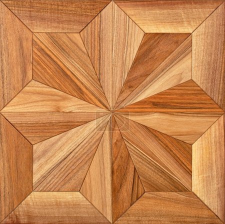 Textura de superficie de madera con un centro geométrico en forma de estrella simétrica de ocho puntas. Primer plano.