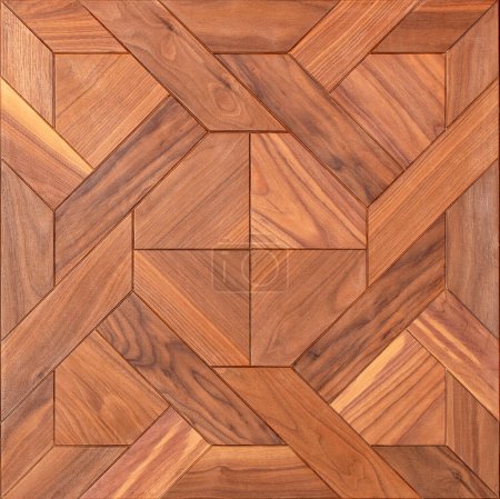 La textura de una superficie de madera con la ilusión de encuadernación en el adorno geométrico del parquet. Primer plano.