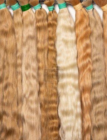 Téléchargez les photos : Cheveux humains de couleur paille ondulée naturelle dans différentes nuances en faisceaux pour les extensions et la fabrication de perruques. Image verticale. gros plan. - en image libre de droit
