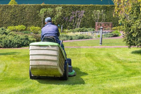 El jardinero conduce una cortadora de césped tractor y corta la hierba verde del césped en un día de primavera brillante. Copiar espacio.
