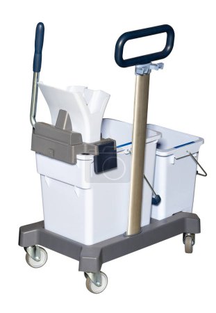 The professional cleaning trolley is lightweight and maneuverable, equipped with functional plastic containers. Isolated on a white background.