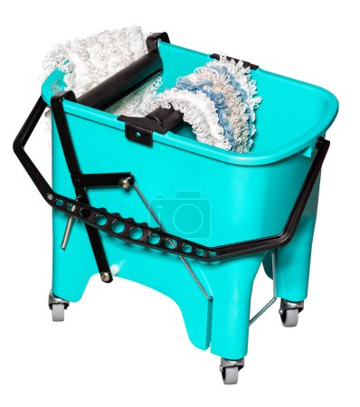 Professional cleaning tool, turquoise bucket on wheels with a rag wringing system for wet cleaning of premises. Isolated on a white background.