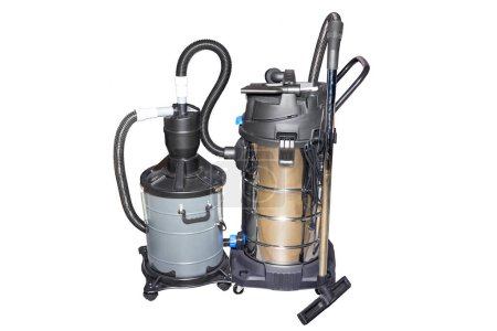 Industrial vacuum cleaner combined with cyclone filter and dust collector for double filtration, turbocharged, industrial separator. Isolated on a white background.