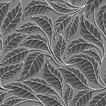 Illustration for Curved lines Branches Leaves Grey and White. Floral seamless pattern with stylized branches and leaves. - Royalty Free Image