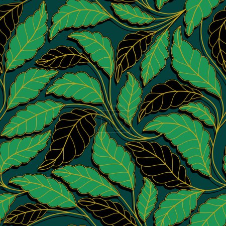 Curved lines Branches Leaves Black and Green. Floral seamless pattern with stylized branches and leaves.