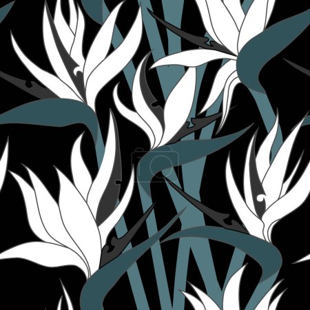 Patrón floral sin costura vectorial con planta herbácea de strelitzia. Ilustración de planta de pájaro-de-paradis. Para la tela, textil, papel de embalaje, cubierta, paquete. Flores y hojas tropicales.