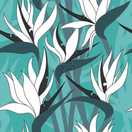 Vector seamless floral pattern with herbaceous plant of strelitzia. Illustration of plant of bird-of-paradis. For fabric, textile, wrapping paper, cover, package. Flowers and tropical leaves.