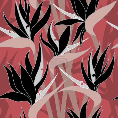 Vector seamless floral pattern with herbaceous plant of strelitzia. Illustration of plant of bird-of-paradis. For fabric, textile, wrapping paper, cover, package. Flowers and tropical leaves.