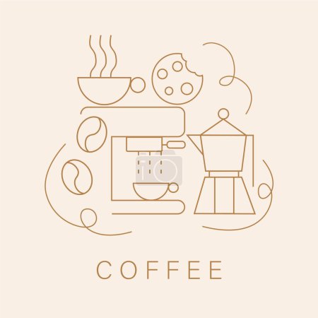 Hand drawn illustration of Bakery and Coffee. Abstract geometric line background. Pattern for cover design, food package, menu, background, caf wall, coffee shop, web banner