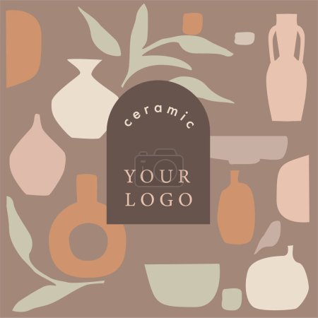 Illustration for Illuatration of trendy vases with plants. There is space for logo and your text. Minimalist antique ceramic pottery for interior. Pattern for cover design, package, gift paper, background. - Royalty Free Image