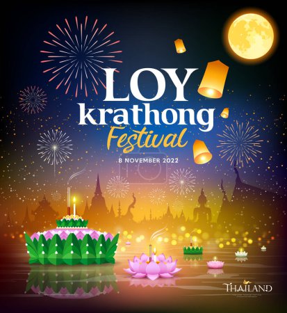 Illustration for Loy krathong festival thailand banana leaf and lotus on moon night poster design colorful background, eps10 vector illustration - Royalty Free Image