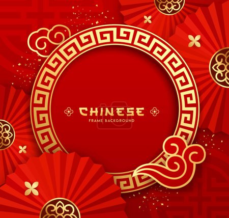 Illustration for Chinese frame circle style decorative round border, Chinese fan and cloud gold and red, design on red background, Eps 10 vector illustration - Royalty Free Image