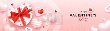 Téléchargez les illustrations : Coffret cadeau ruban rouge, Joyeuse Saint Valentin, avec coeur de ballons, dessin de bannière sur fond rose, Illustration vectorielle EPS10. - en licence libre de droit
